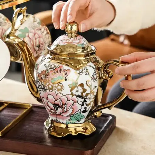 DUJUST British Style Porcelain Teapot (40oz), Luxury Ceramic Teapot with Golden Trim, Food Grade Teapot with Built-in Filter, for Tea Party & Home Décor - Black