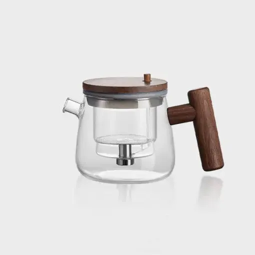 Théière En Verre ZENS 800 Ml Avec Infuseur Magnétique - Couvercle à Succion Bois De Noyer - Thé En Feuilles Sans Dégât